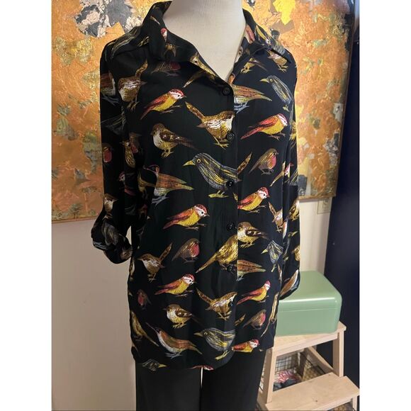 Mishca Gorgeous Bird Print Blouse Adjustable Sleeve Black & Multi M - Picture 1 of 7